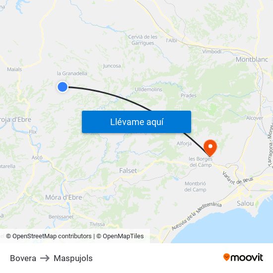 Bovera to Maspujols map