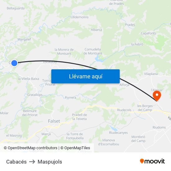 Cabacés to Maspujols map