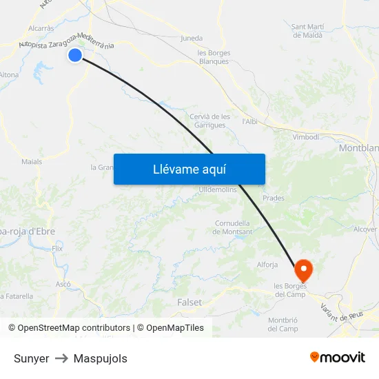 Sunyer to Maspujols map