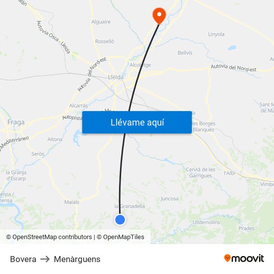 Bovera to Menàrguens map