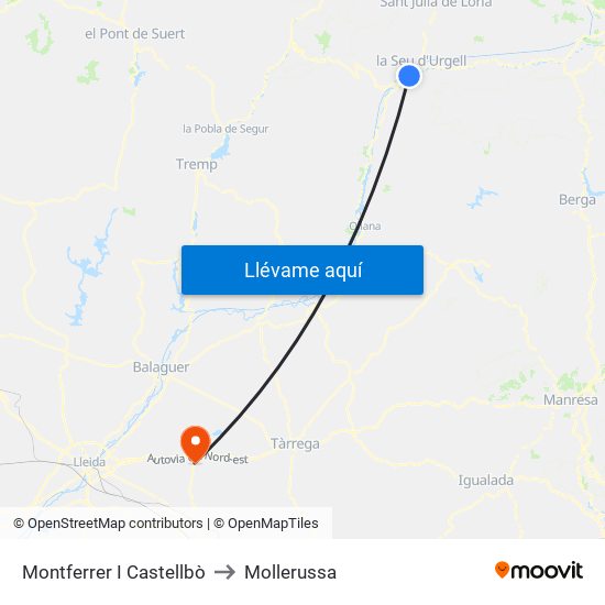 Montferrer I Castellbò to Mollerussa map