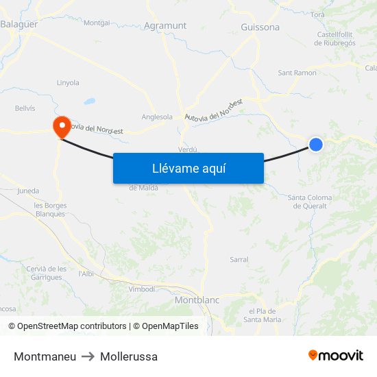 Montmaneu to Mollerussa map