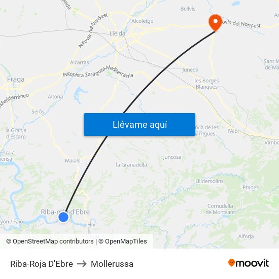 Riba-Roja D'Ebre to Mollerussa map