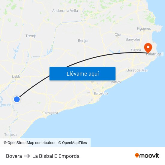 Bovera to La Bisbal D'Emporda map