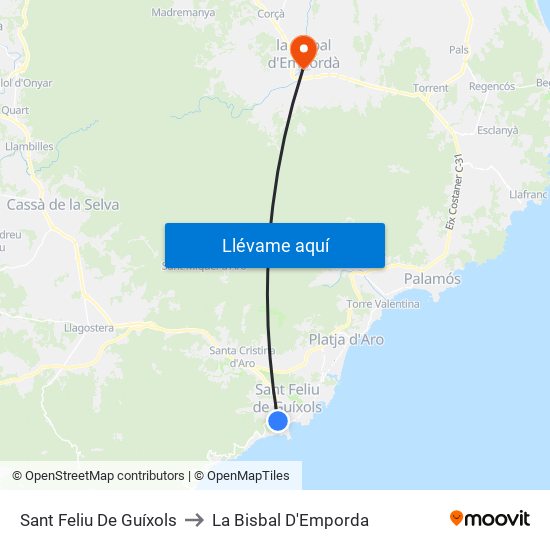 Sant Feliu De Guíxols to La Bisbal D'Emporda map