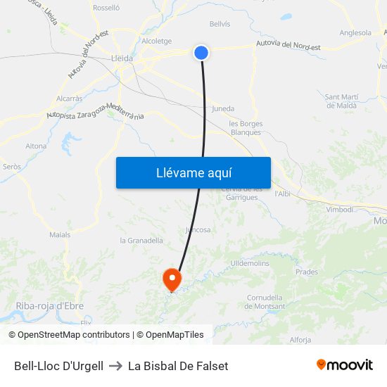 Bell-Lloc D'Urgell to La Bisbal De Falset map