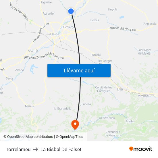 Torrelameu to La Bisbal De Falset map