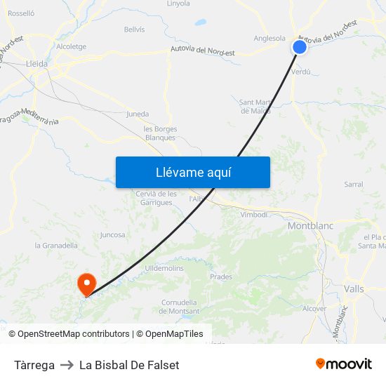 Tàrrega to La Bisbal De Falset map