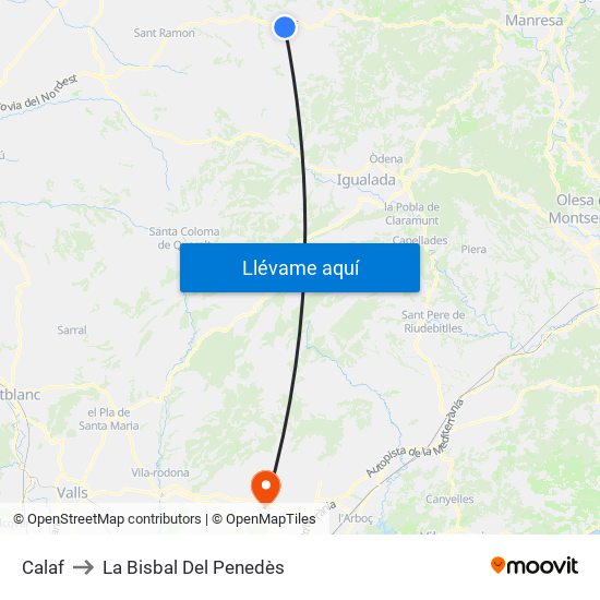 Calaf to La Bisbal Del Penedès map