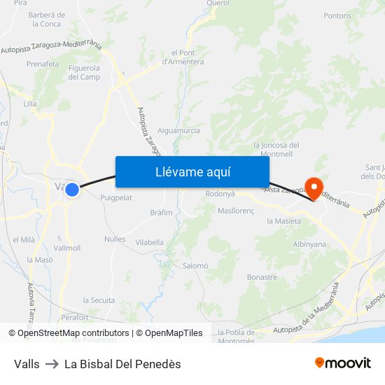 Valls to La Bisbal Del Penedès map