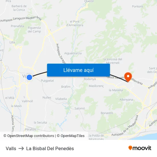 Valls to La Bisbal Del Penedès map