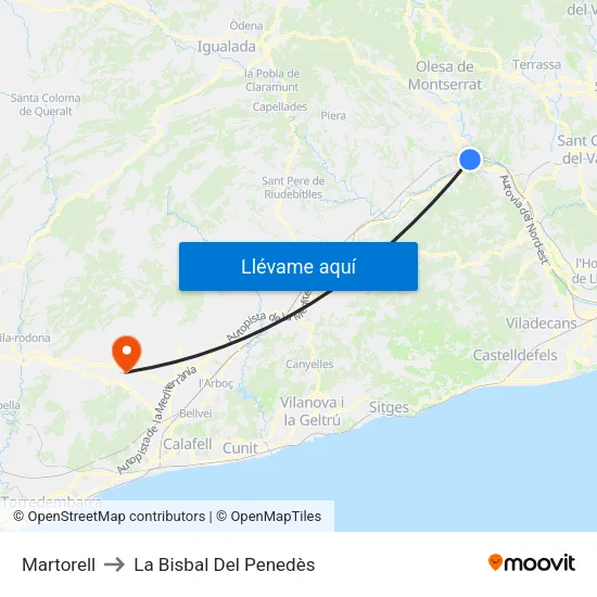 Martorell to La Bisbal Del Penedès map