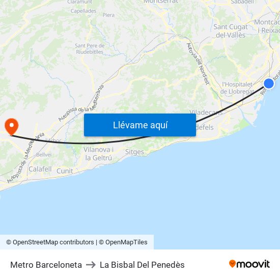 Metro Barceloneta to La Bisbal Del Penedès map