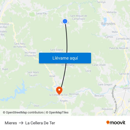 Mieres to La Cellera De Ter map