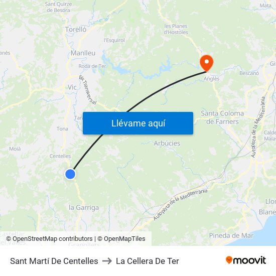 Sant Martí De Centelles to La Cellera De Ter map