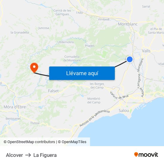 Alcover to La Figuera map