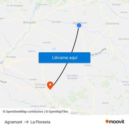 Agramunt to La Floresta map