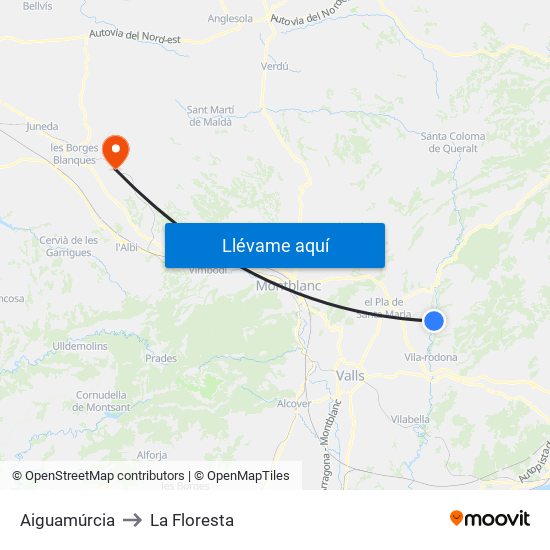 Aiguamúrcia to La Floresta map