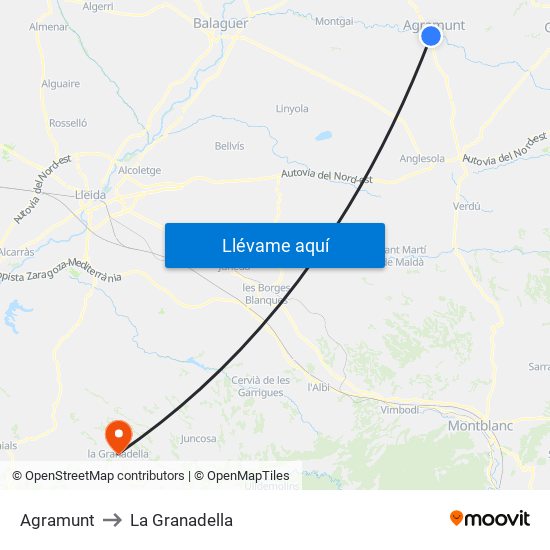 Agramunt to La Granadella map