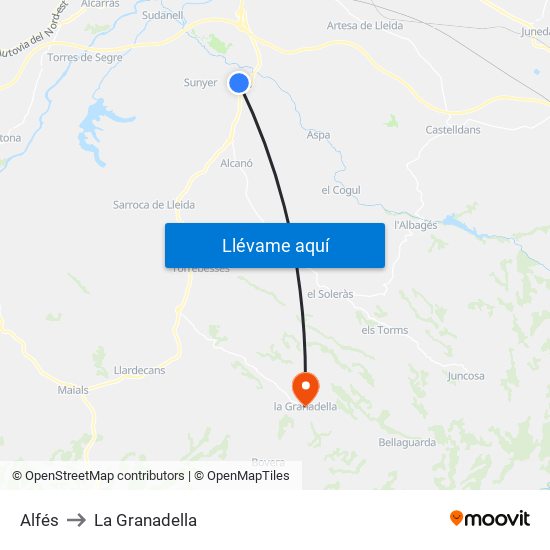 Alfés to La Granadella map