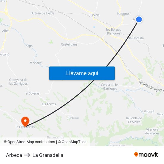 Arbeca to La Granadella map