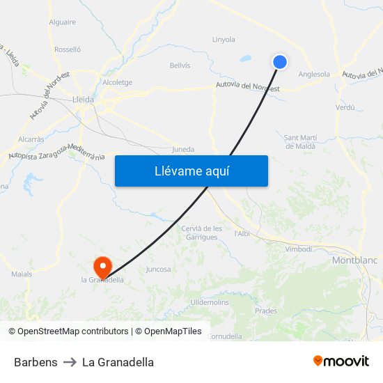 Barbens to La Granadella map