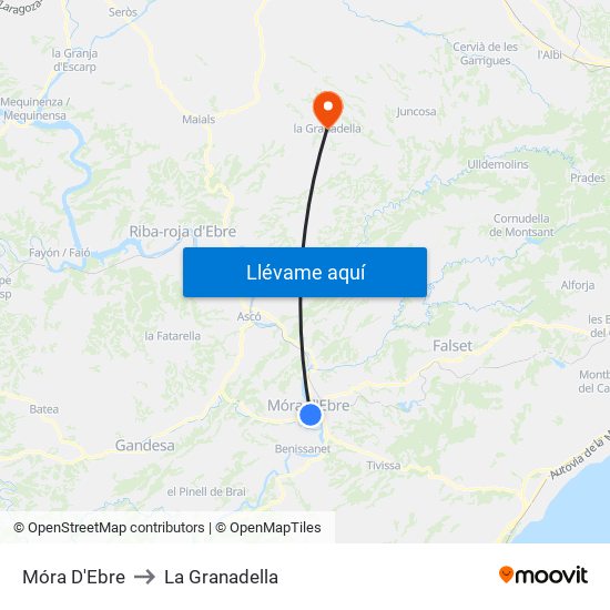 Móra D'Ebre to La Granadella map