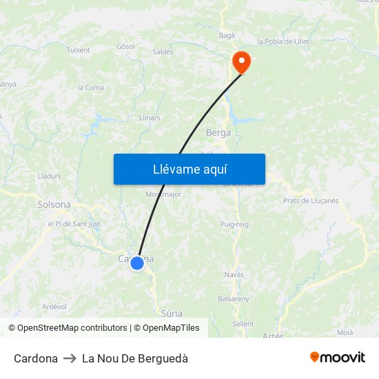 Cardona to La Nou De Berguedà map