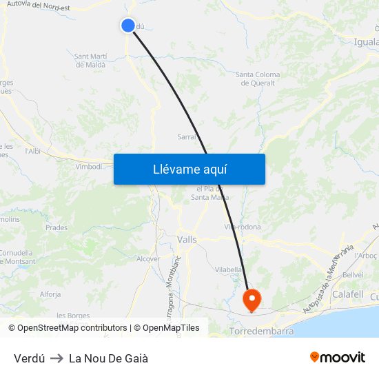 Verdú to La Nou De Gaià map