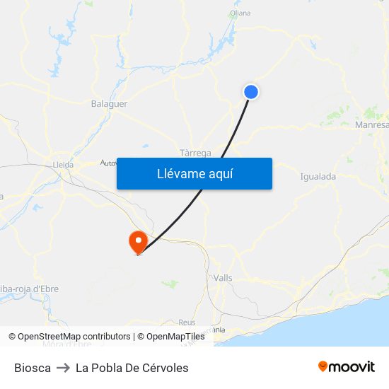Biosca to La Pobla De Cérvoles map