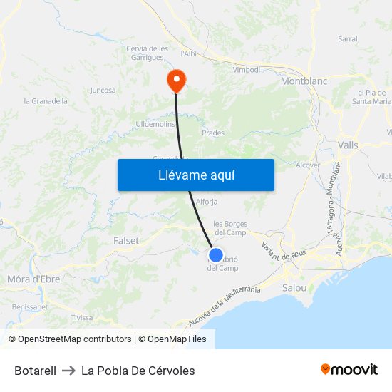 Botarell to La Pobla De Cérvoles map
