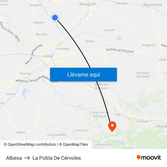 Albesa to La Pobla De Cérvoles map