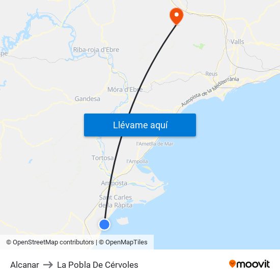 Alcanar to La Pobla De Cérvoles map