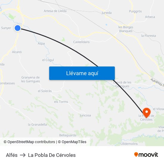 Alfés to La Pobla De Cérvoles map