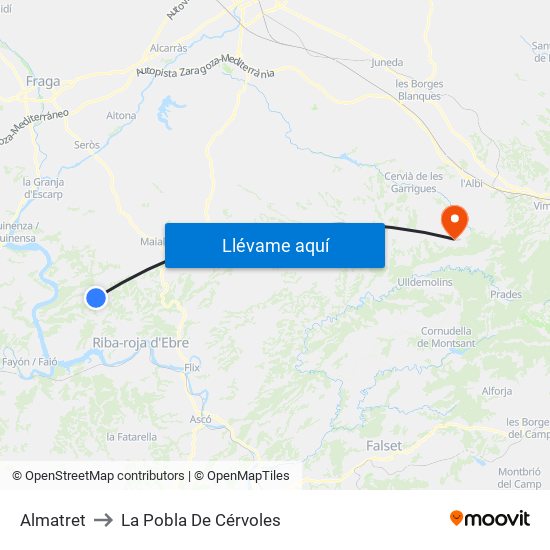 Almatret to La Pobla De Cérvoles map