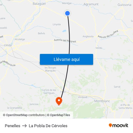 Penelles to La Pobla De Cérvoles map