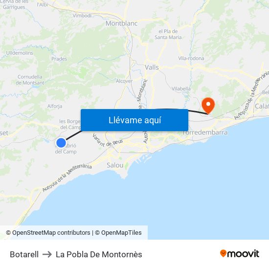 Botarell to La Pobla De Montornès map