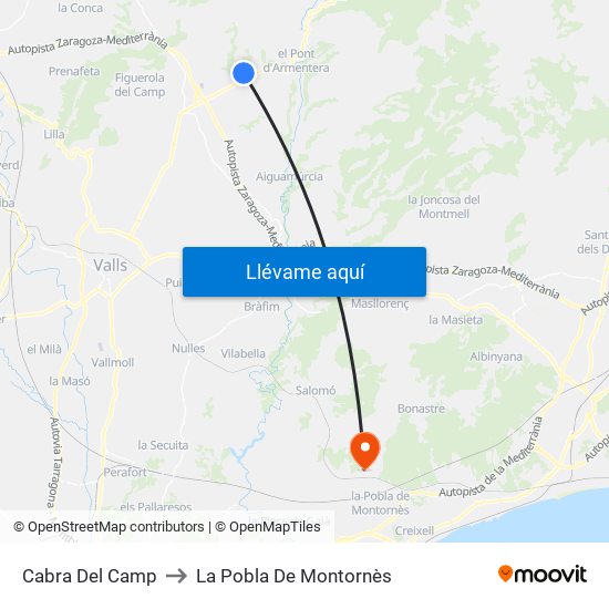 Cabra Del Camp to La Pobla De Montornès map