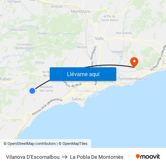 Vilanova D'Escornalbou to La Pobla De Montornès map
