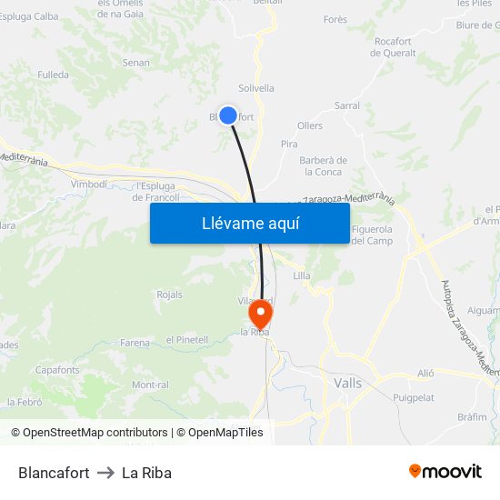 Blancafort to La Riba map