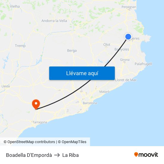 Boadella D'Empordà to La Riba map