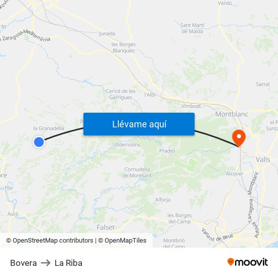 Bovera to La Riba map