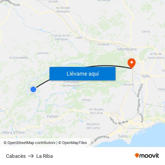 Cabacés to La Riba map