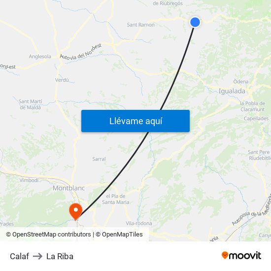 Calaf to La Riba map