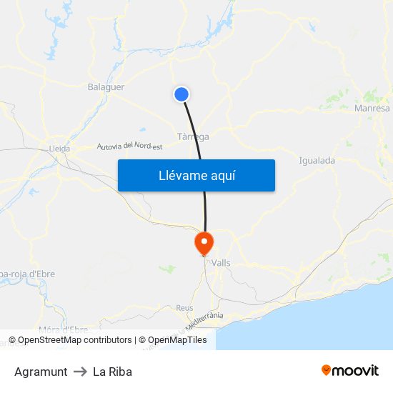 Agramunt to La Riba map