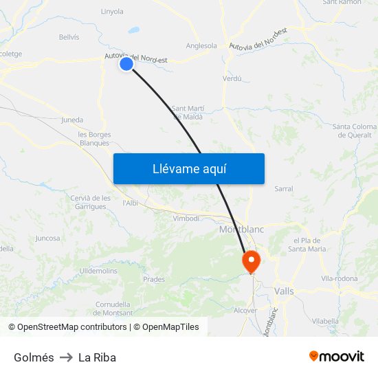Golmés to La Riba map