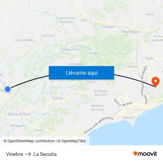 Vinebre to La Secuita map