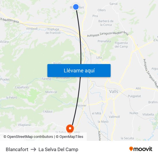 Blancafort to La Selva Del Camp map