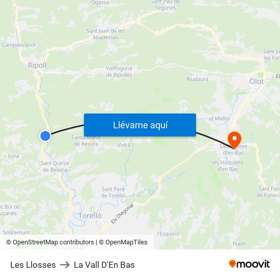 Les Llosses to La Vall D'En Bas map