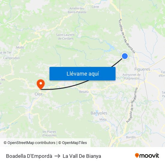 Boadella D'Empordà to La Vall De Bianya map
